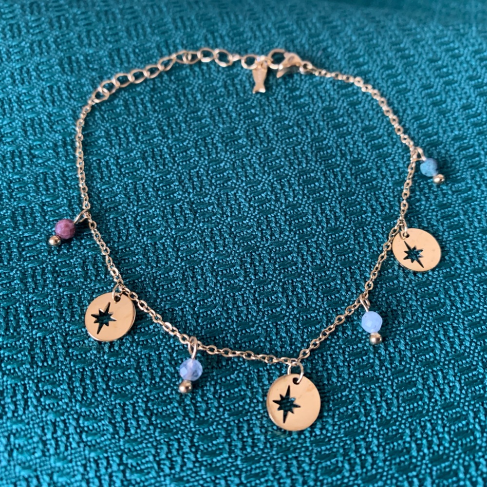 Mira Mira Gold Tone Bracelet with stone bead dangles, Star charms